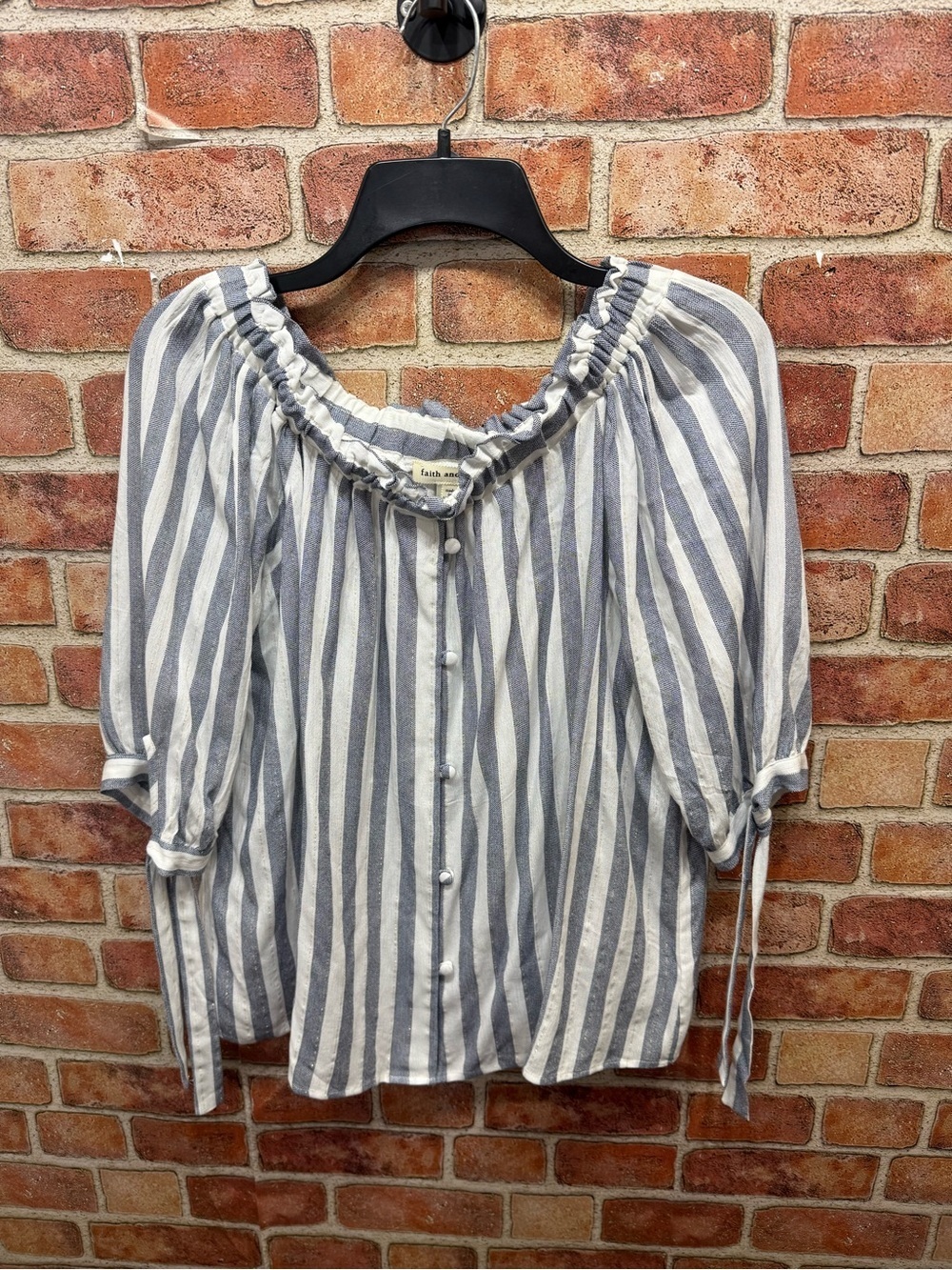 Coastal beachy striped off-Shoulder Button Front Top w/ metallic thread detail